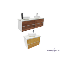 Wall Hung Vanity Cabinet Model SIA w/ Timber Drawers Various Colour Options w/ Stone Bench Top Single or Double Solid Surface Basin & Popup Waste