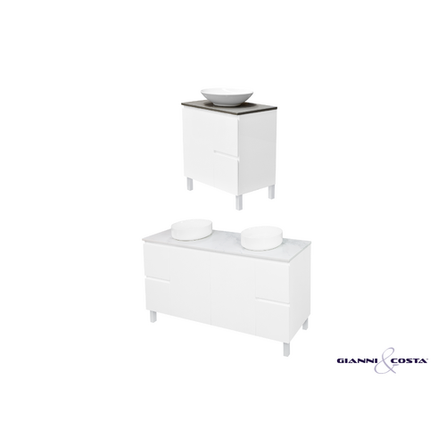 Wall Hung Vanity Cabinet HADI FS Gloss White w/ Alpine White Stone Bench Top & Single Ceramic Basin 600mm