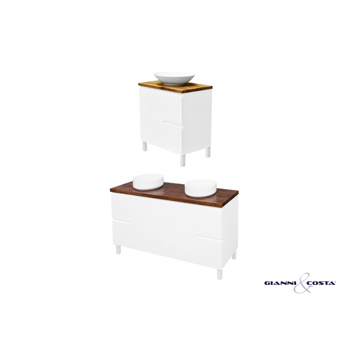 Wall Hung Vanity Cabinet HADI FS Gloss White w/ Walnut Timber Bench Top & Single Ceramic Basin 600mm