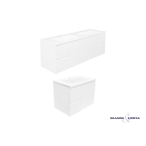 Wall Hung Vanity Cabinet Gloss White w/ Polymarble Single Basin 600mm