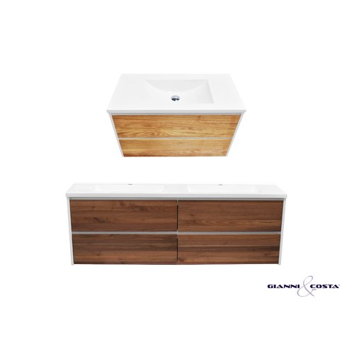 Wall Hung Vanity Cabinet SIA w/ Oak Timber Drawers w/ Polymarble Single Basin 600mm