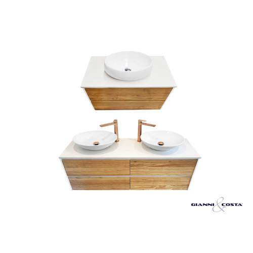 Wall Hung Vanity Cabinet SIA w/ Oak Timber Drawers w/ Alpine White & Single Ceramic Basin 600mm