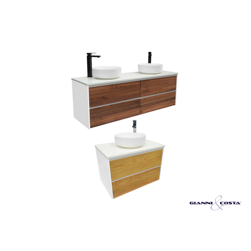 Wall Hung Vanity Cabinet SIA w/ Oak Timber Drawers w/ Alpine White & Single Solid Surface Basin 600mm