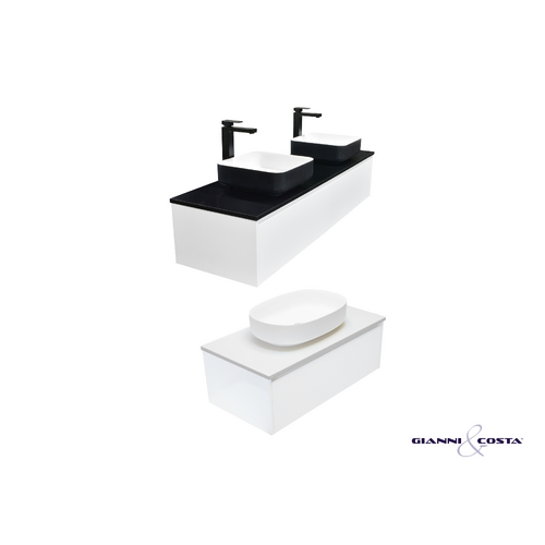 Wall Hung Vanity Cabinet SIA SLIM Gloss White w/ Alpine White Stone Top & Single Solid Surface Basin 600mm